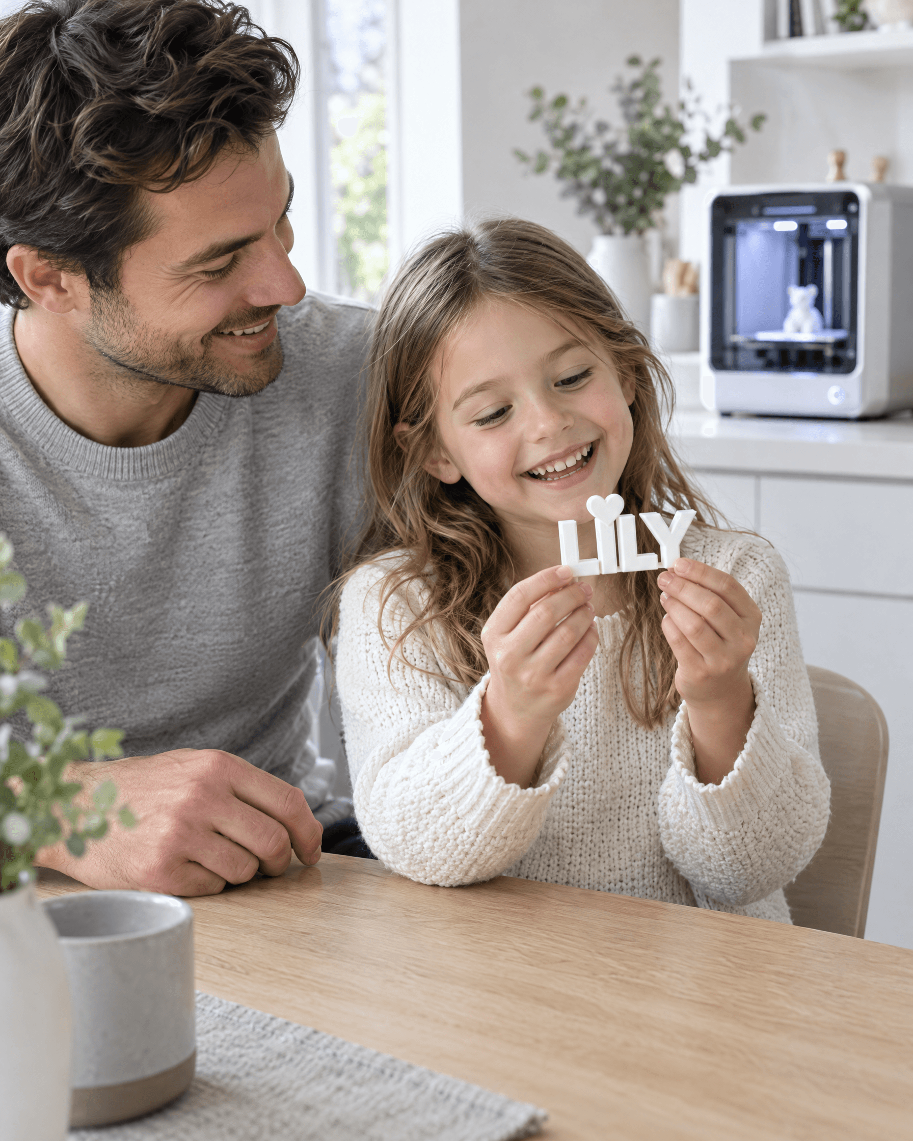 Father and daughter at a kitchen table, the girl holding a name ornament that reads LILY